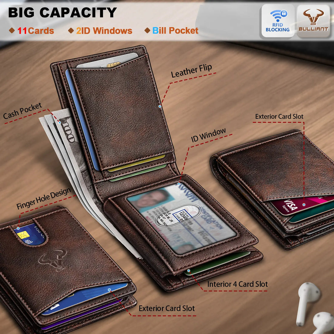 BULLIANT Men Wallet, Slim Leather Wallet Front Pocket Card Holder Gift For Men 11 Slots RFID Blocking