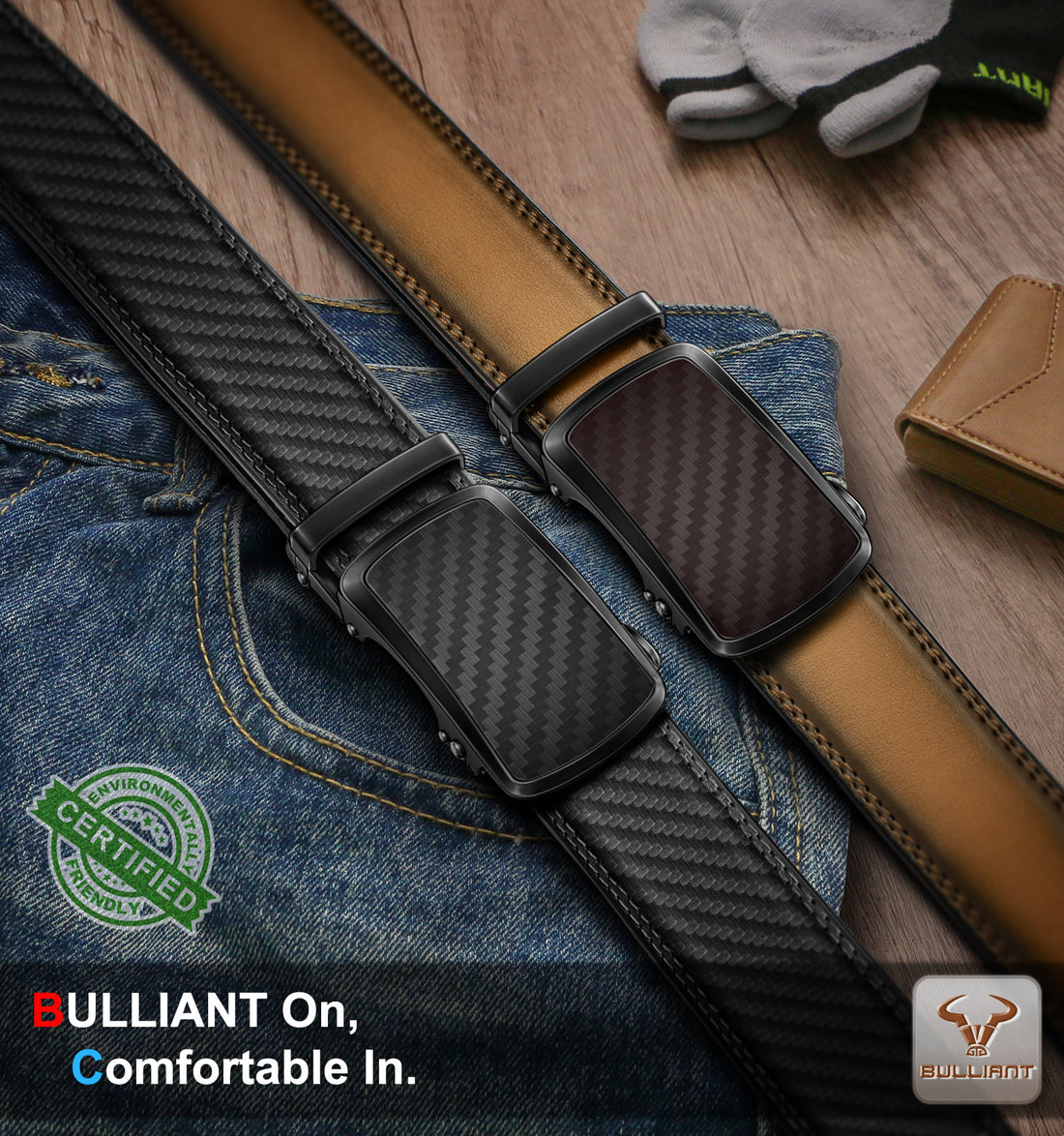 BULLIANT Men's Ratchet Belt 2 Pack-Click Leather Belt Adjustable for Men Gift 1 3/8-Cut for Perfect Fit