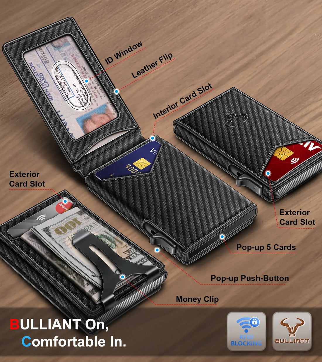 BULLIANT Men Wallet,Magnetic Metal Wallet Money Clip 9Cards Pop-up Access RFID Blocking