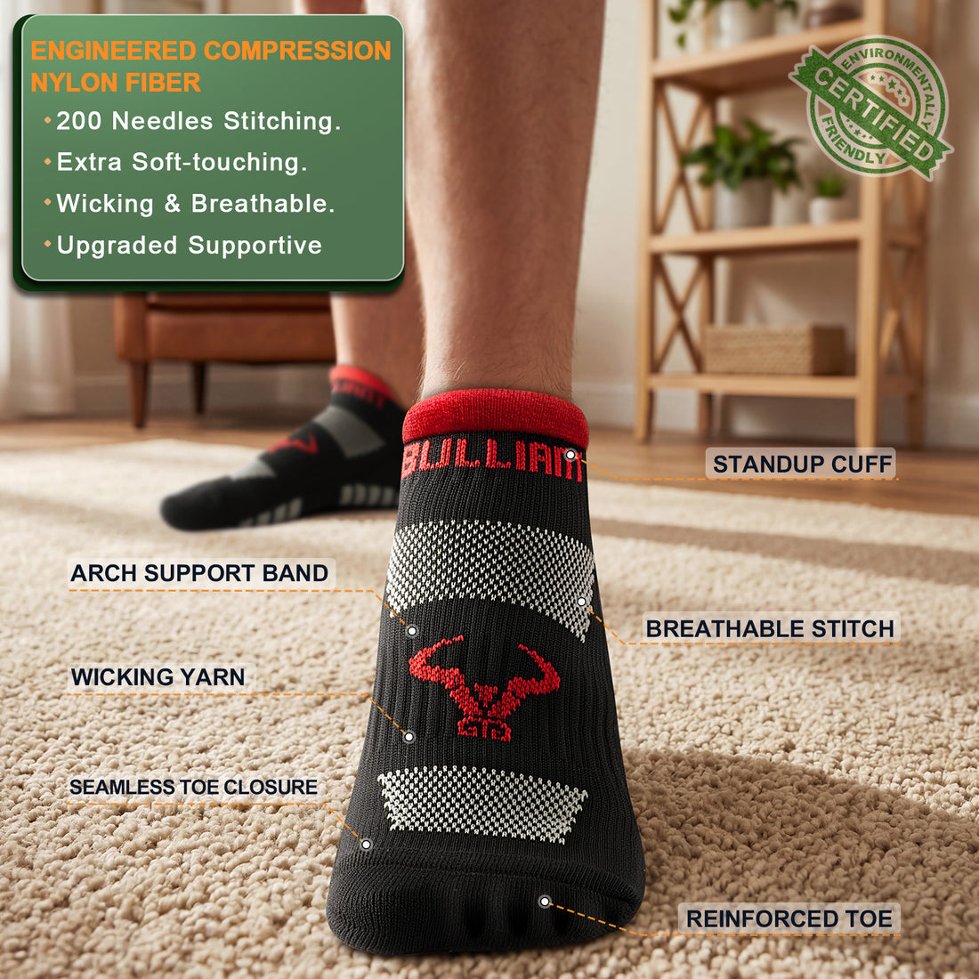 BULLIANT Men Ankle Socks Running Socks Extra Stretch Mixed Nylon-Arch Support Cushioned Sole Breathable Wicking